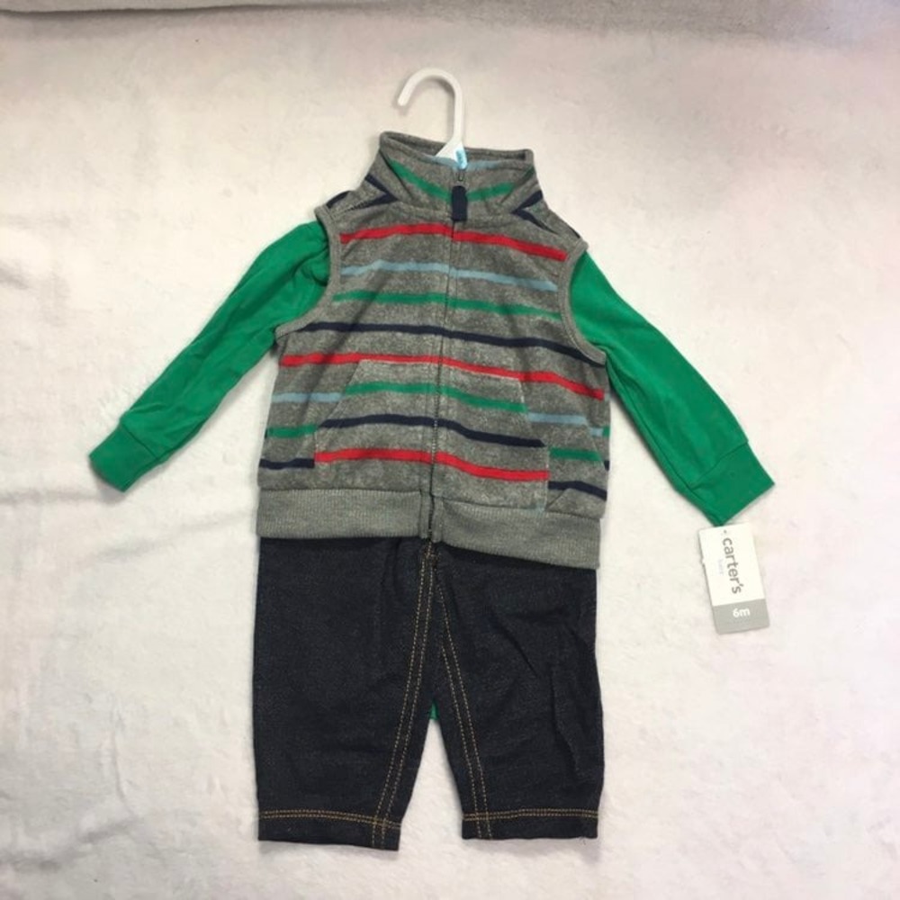 Carter's 3-Piece Vest Set Baby 6M Green Gray Striped New Fleece Denim CKT34396